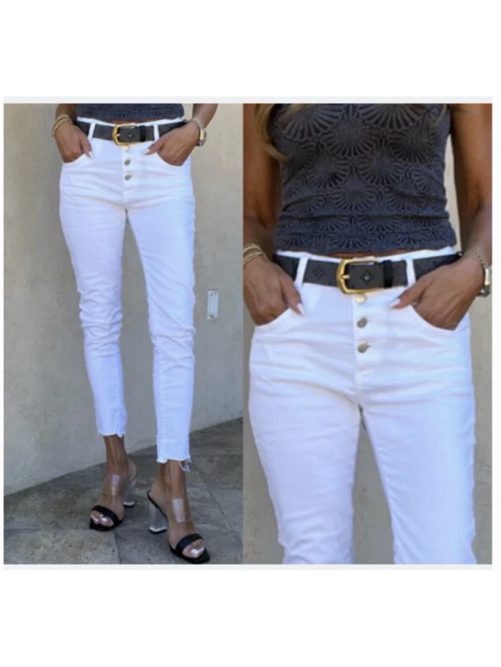 Bevy Flog Aviv Pants 29 White Denim Stretch Button Fly Ankle High Rise Raw Hem